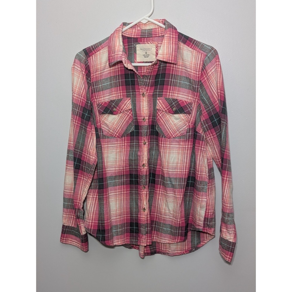 Z1 Sonoma Shirt Women Size Medium Pink‎ Plaid Long Sleeve Button Up